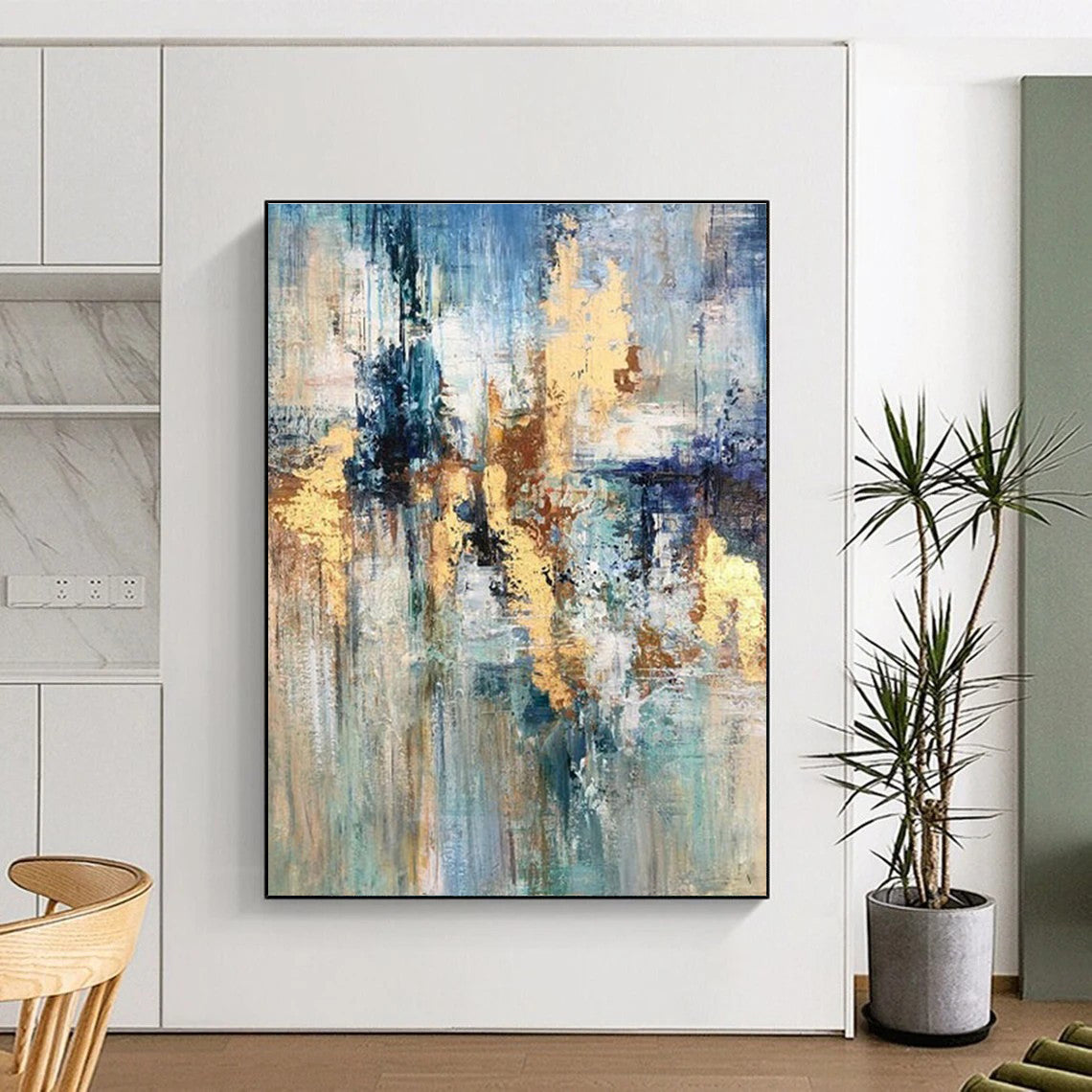 Oversized Abstract Wall Art Blue Gold Modern Acrylic Artwork PT440