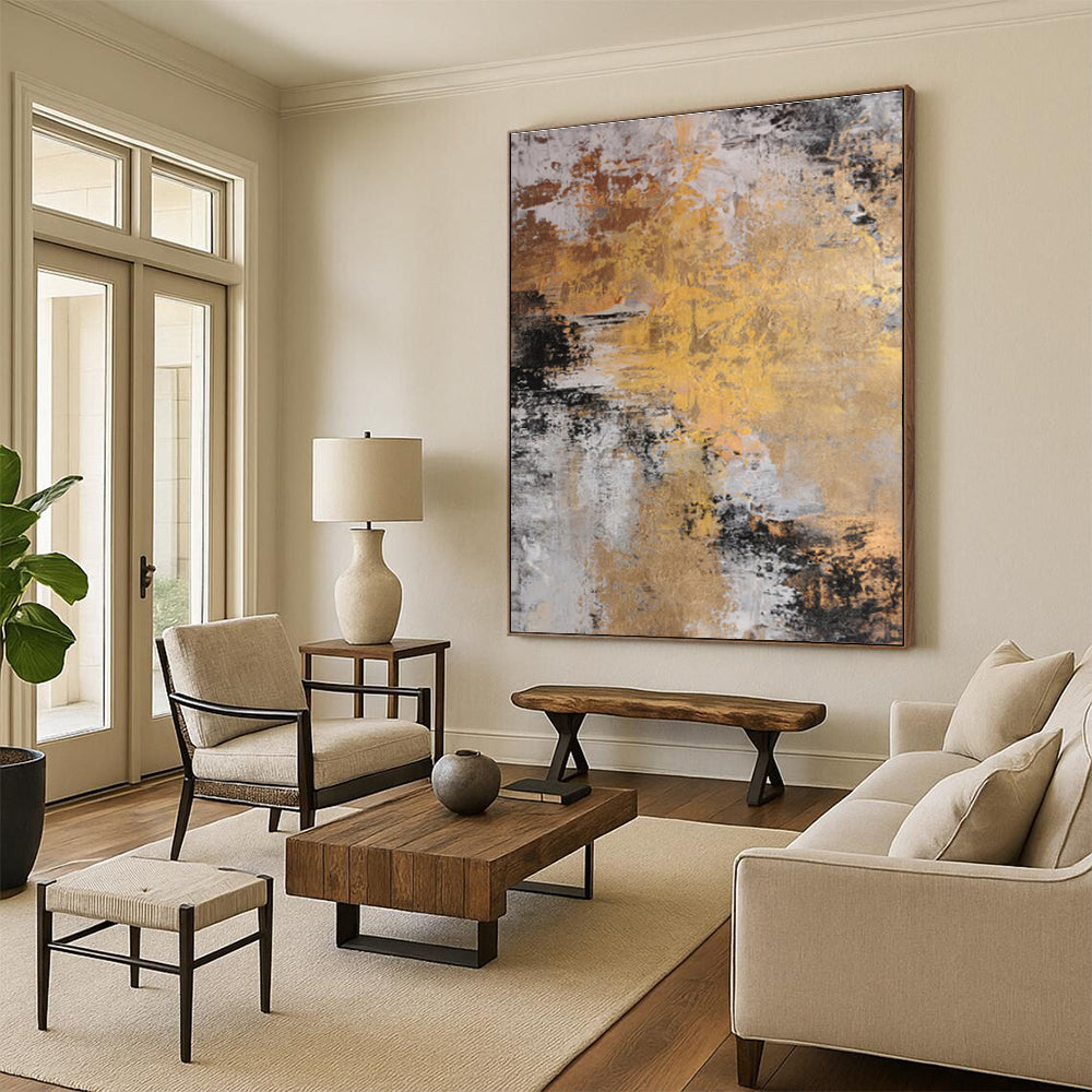 Oversized Abstract Wall Art in Gold, Black, White, and Grey Textural Abstract Luxury Painting On Canvas PT278