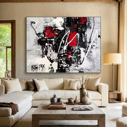 Cool Abstract Paintings in Red, Black, White, and Grey Abstract Splatters and Lines Painting PT270