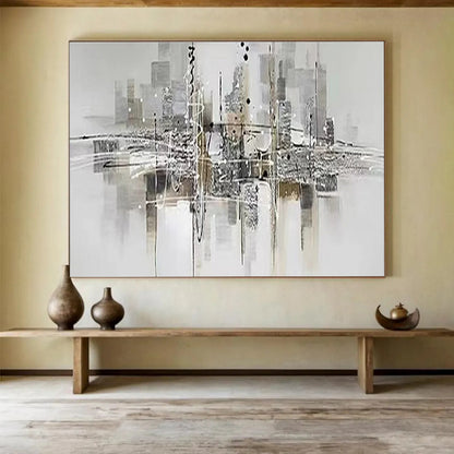 Hand-Painted Gray and Black Abstract City Reflection Art HPS351