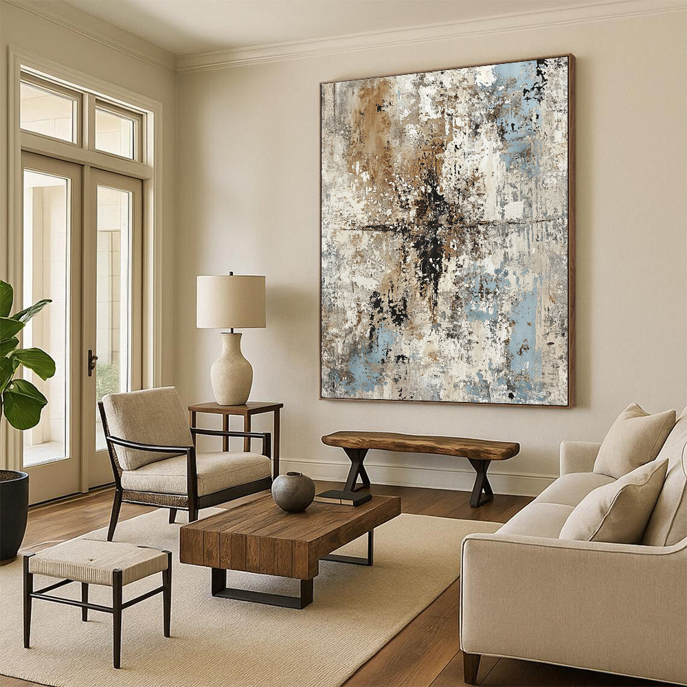 Large Abstract Painting For Living Room, Beige Blue Black Abstract Textured Art PT180