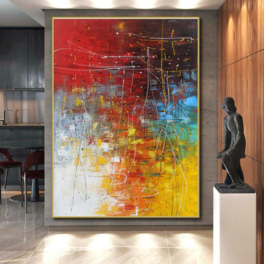 Oversized Abstract Wall Art in Red, Yellow, Blue, Green, and White Abstract Lines and Shapes PT249