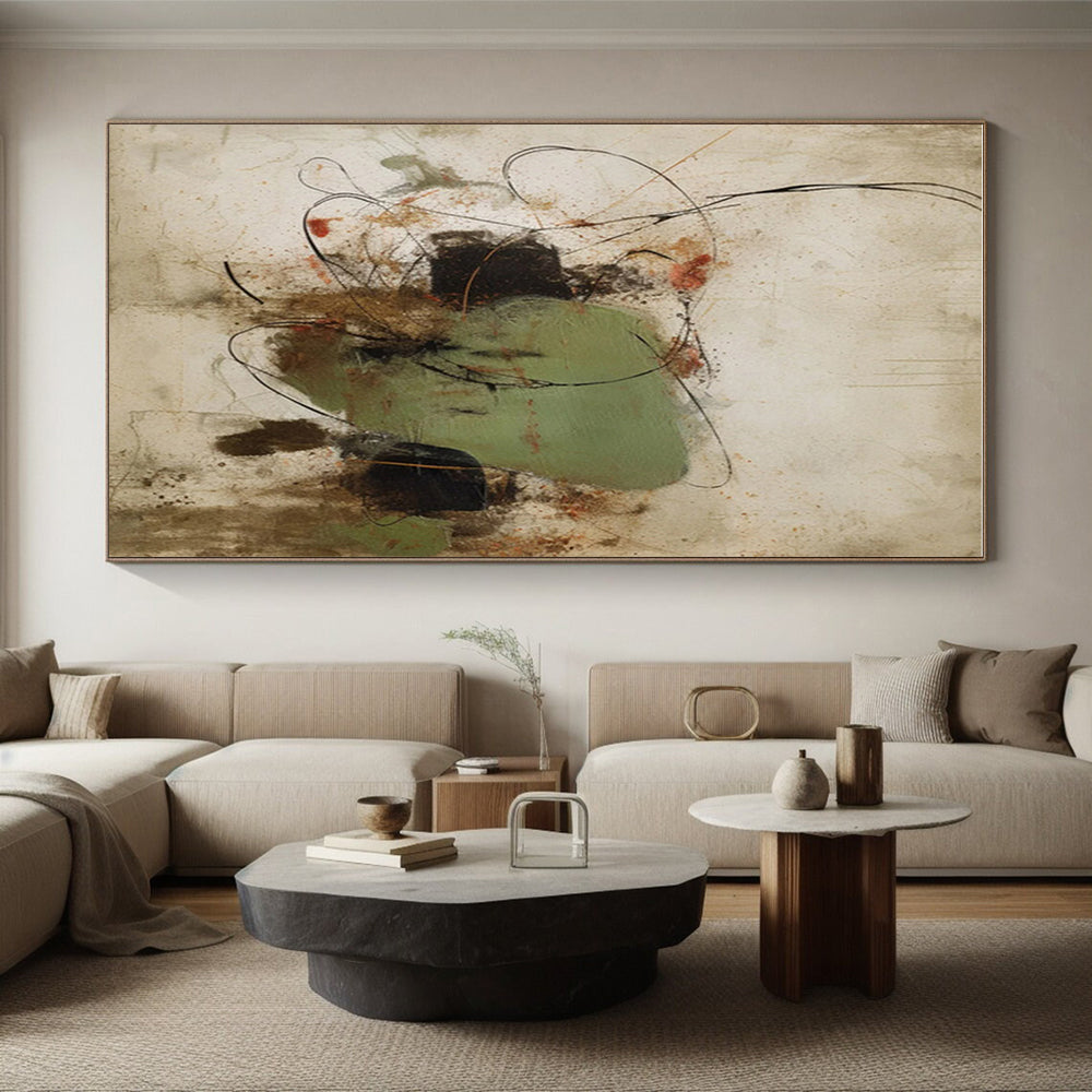 Large Contemporary Wall Art Green Brown Black Line Abstract Art PT500