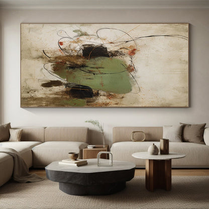 Large Contemporary Wall Art Green Brown Black Line Abstract Art PT500