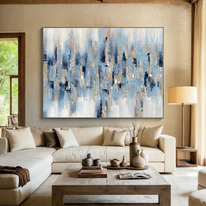 Acrylic Modern Art Paintings Blue, Gold & White Textured Abstract Painting On Canvas HPS122