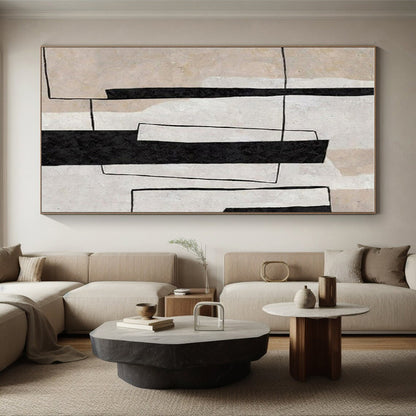 Modern Art Acrylic Black, Beige, and White Geometric Abstract Art PT697