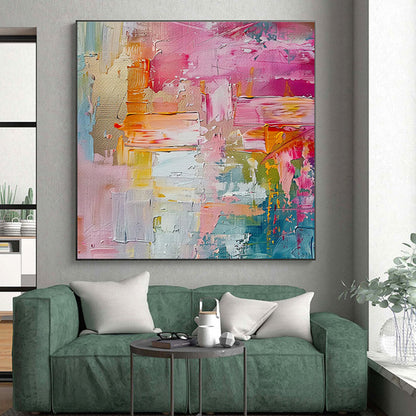 Large Painting In Living Room with Pink, Orange, Yellow, and Blue Abstract Impasto, Acrylic Modern Art PT298