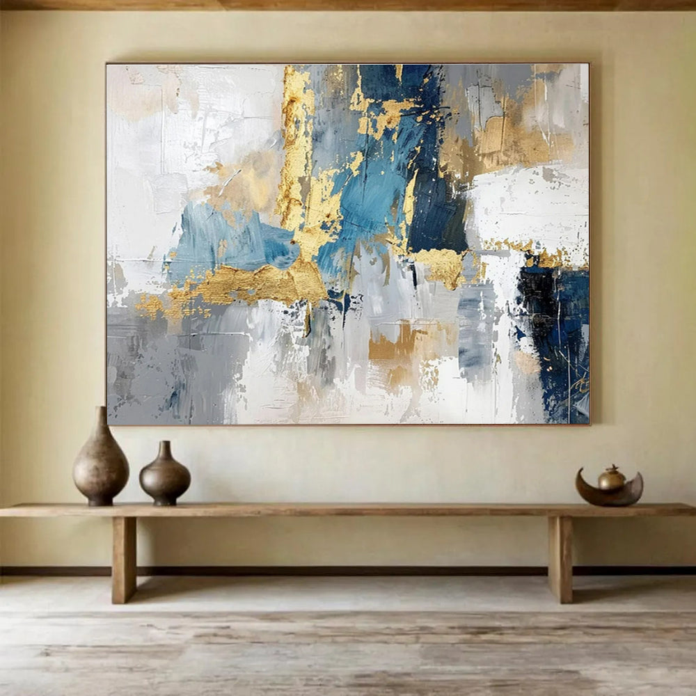 Hand-Painted Blue, Gray, and Gold Textured Abstract Art HPS371