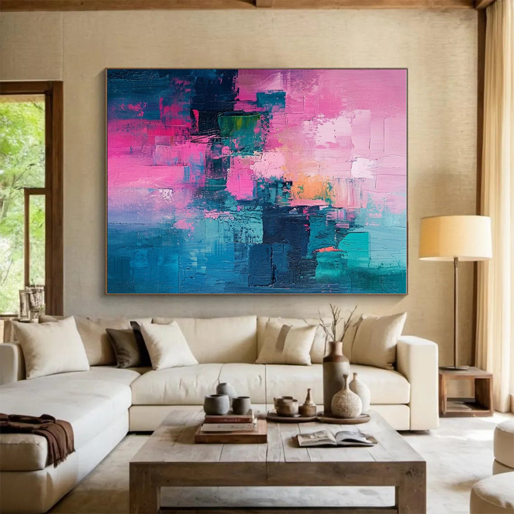 Cool Abstract Paintings Pink, Teal, and Blue Geometric Abstract Art PT656