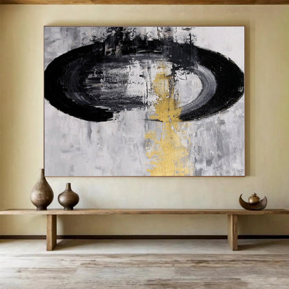 Unique Abstract Art Black, White & Gold Circular Abstract On Canvas HPS013