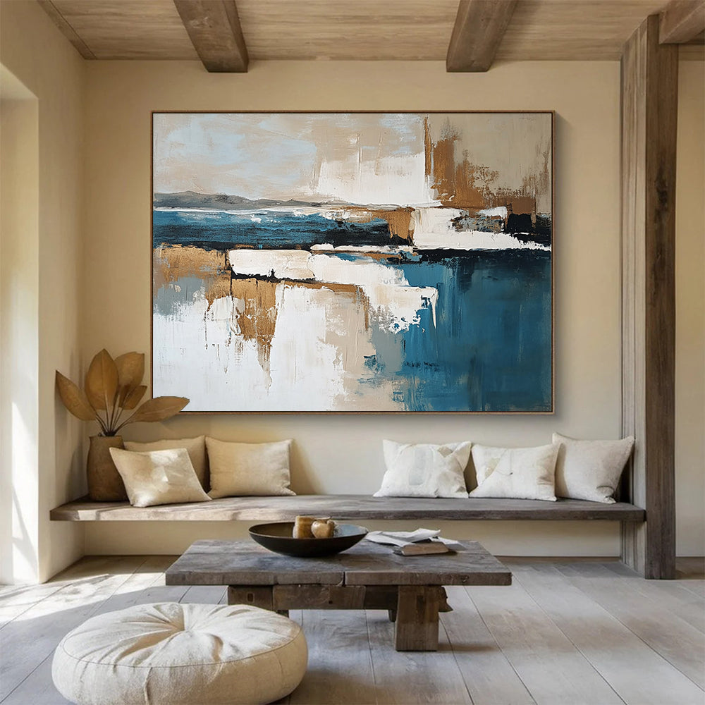 Cool Abstract Paintings Blue, Beige, and White Abstract Coastal Reflection HPS308