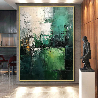 Hand Painting Multilayered Green, Teal, and White Abstract Work, Modern Art Acrylic PT202