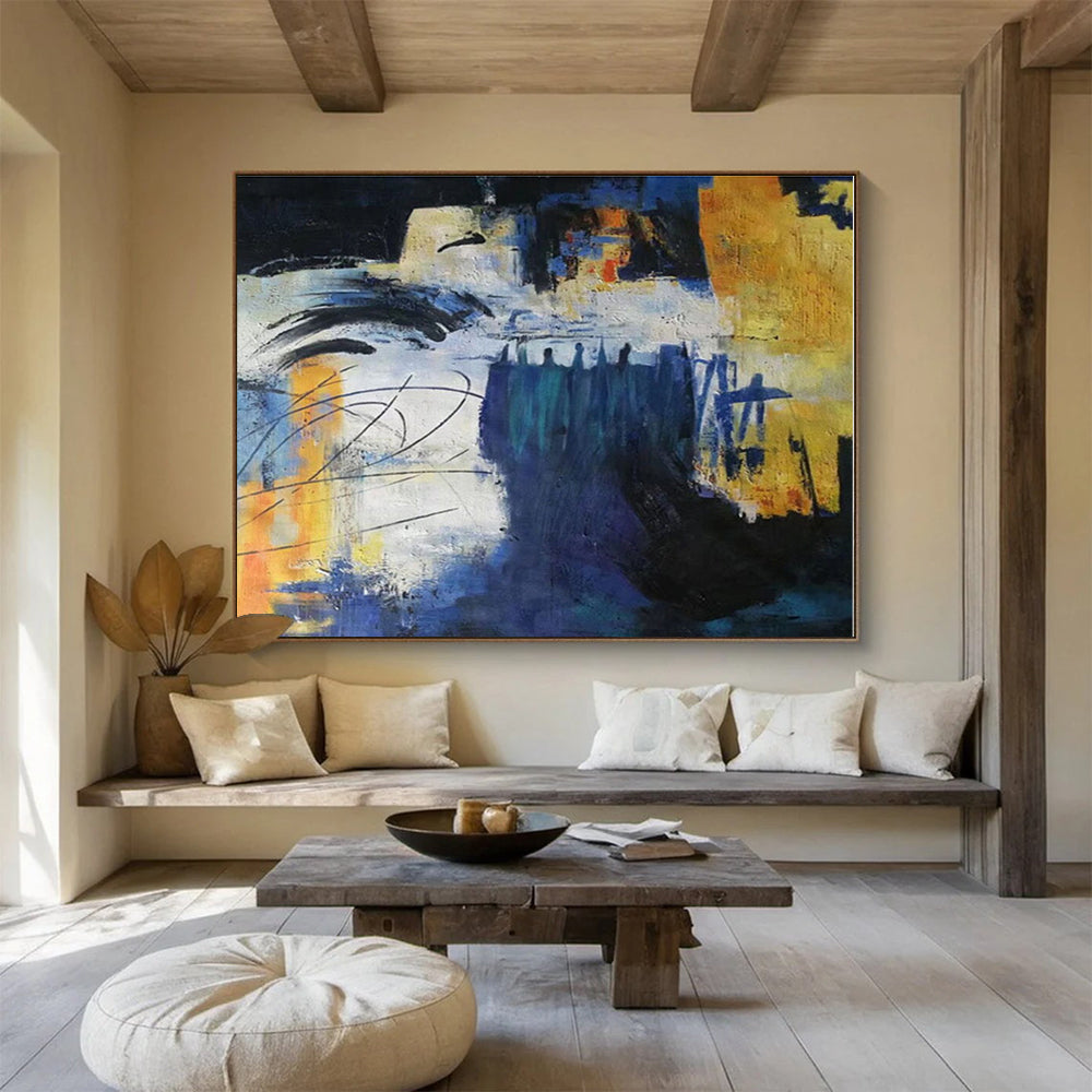 Hand-Painted Blue, Yellow & Black Abstract Urban Scene Art HPS151