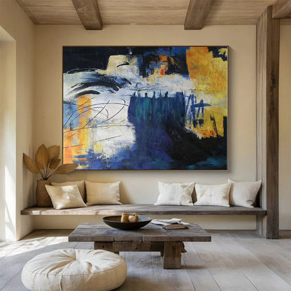 Hand-Painted Blue, Yellow & Black Abstract Urban Scene Art HPS151