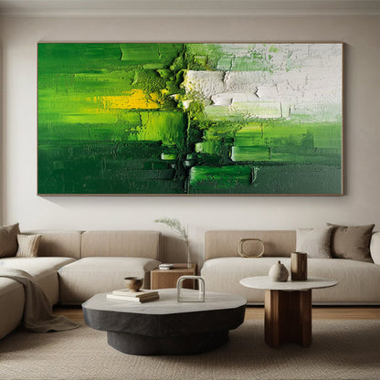 Hand-Painted Green and White Textured Abstract Painting with Yellow Accents, Acrylic Modern Art PT201