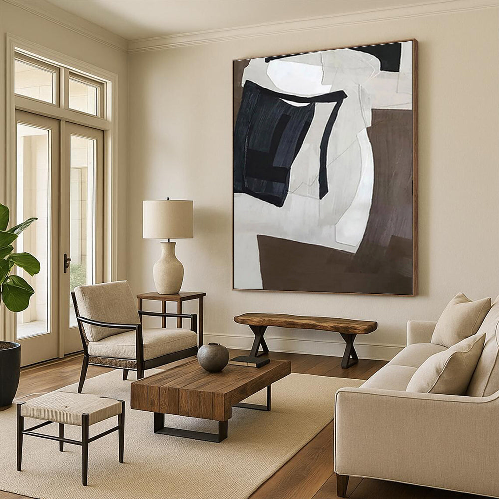 Minimalist Canvas Art Brown Black White Geometric Abstract Artwork PT493