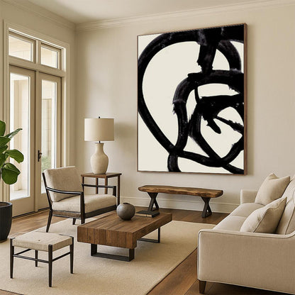 Minimalist Canvas Art Black and Beige Curved Abstract Art PT804