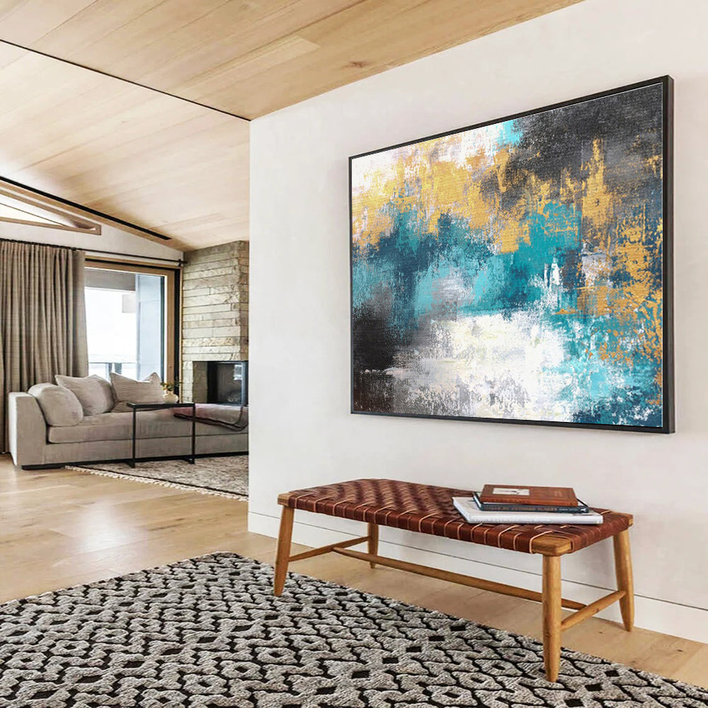 Large Size Teal & Gold Abstract Modern Art Acrylic On Canvas HPS004