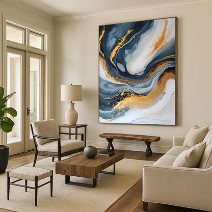 Handmade Art Blue, Gray & Gold Swirl Textured Abstract Painting On Canvas PT114