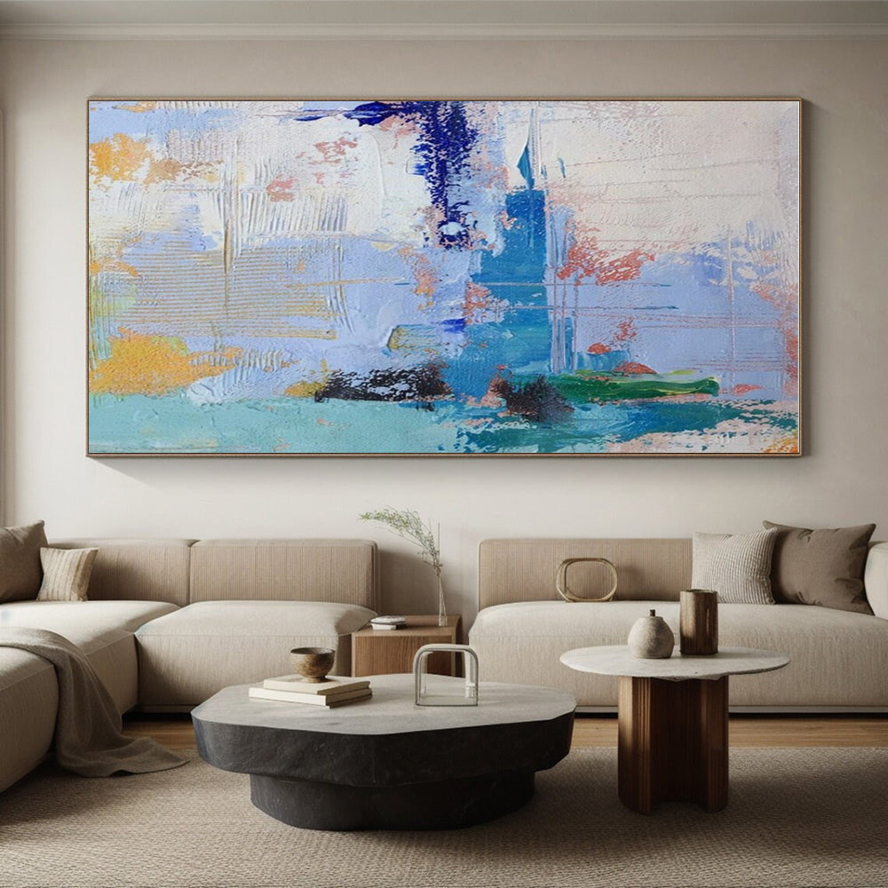 Oversized Abstract Wall Art Blue, Green, and Yellow Textured Abstract Art PT767