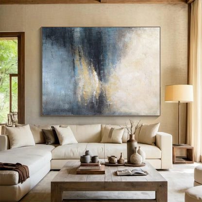 Modern Art Acrylic Blue, Gray, and Beige Textured Landscape Abstract Art PT707