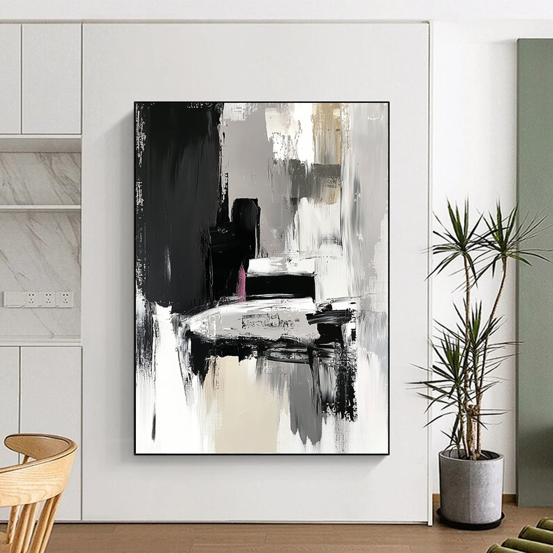Large Abstract Painting For Living Room, Black Gray White Pink Abstract Textured Art PT151