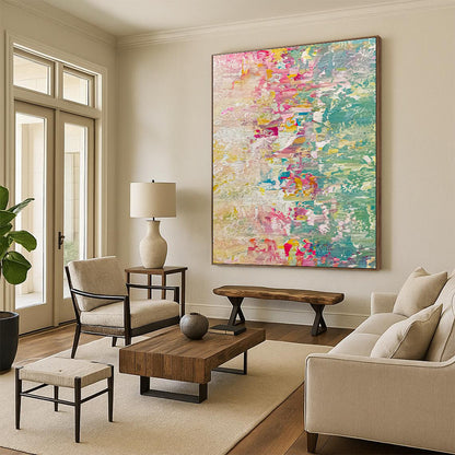 Cool Abstract Paintings Pink, Green, and Yellow Textured Abstract Art PT727