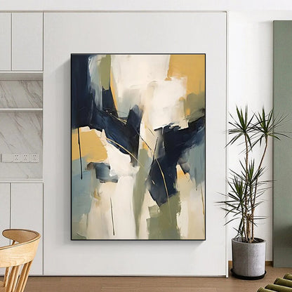 Big Painting in Navy, White, Yellow, and Grey Abstract Shapes PT230