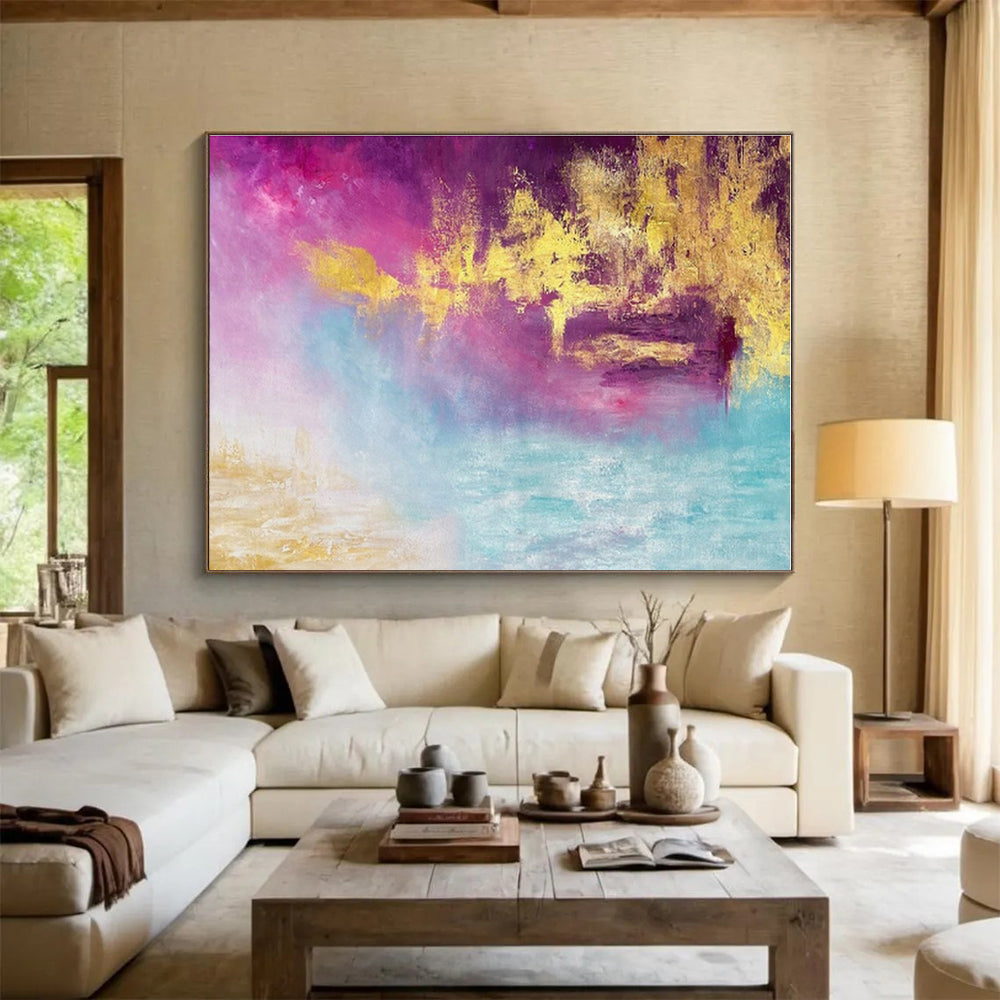 Acrylic Modern Art Paintings Dreamy Pink & Gold Abstract On Canvas HPS012