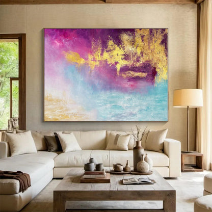 Acrylic Modern Art Paintings Dreamy Pink & Gold Abstract On Canvas HPS012