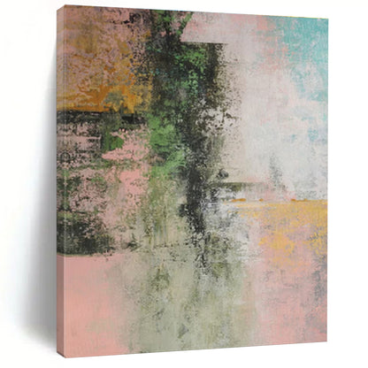Large Painting In Living Room with Green, Pink, Teal, and Yellow Abstract Design, Handmade Art PT288