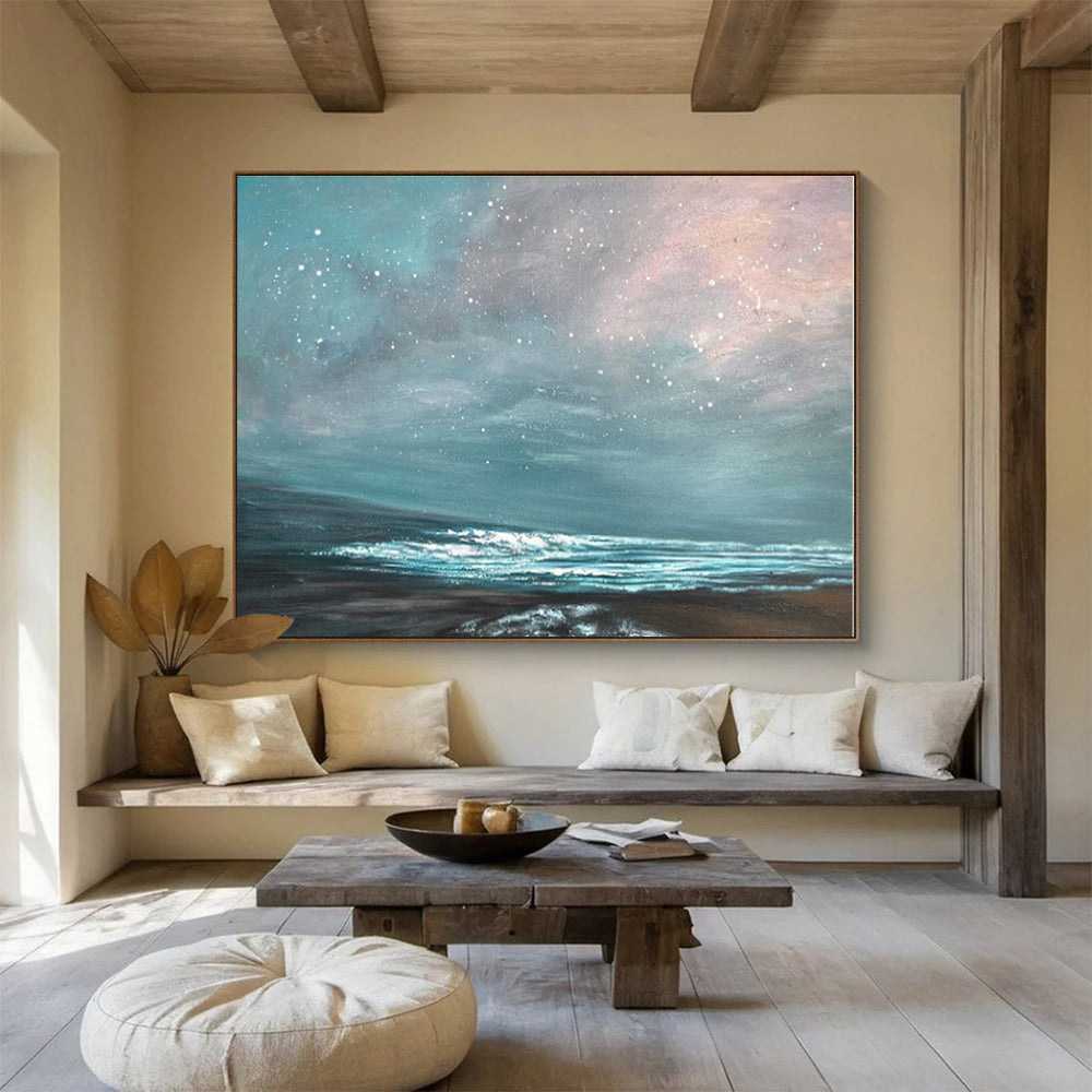 Modern Art Acrylic Teal & Pink Starry Sea Abstract On Canvas HPS037