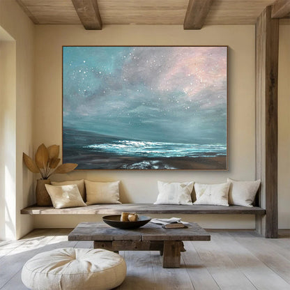 Modern Art Acrylic Teal & Pink Starry Sea Abstract On Canvas HPS037