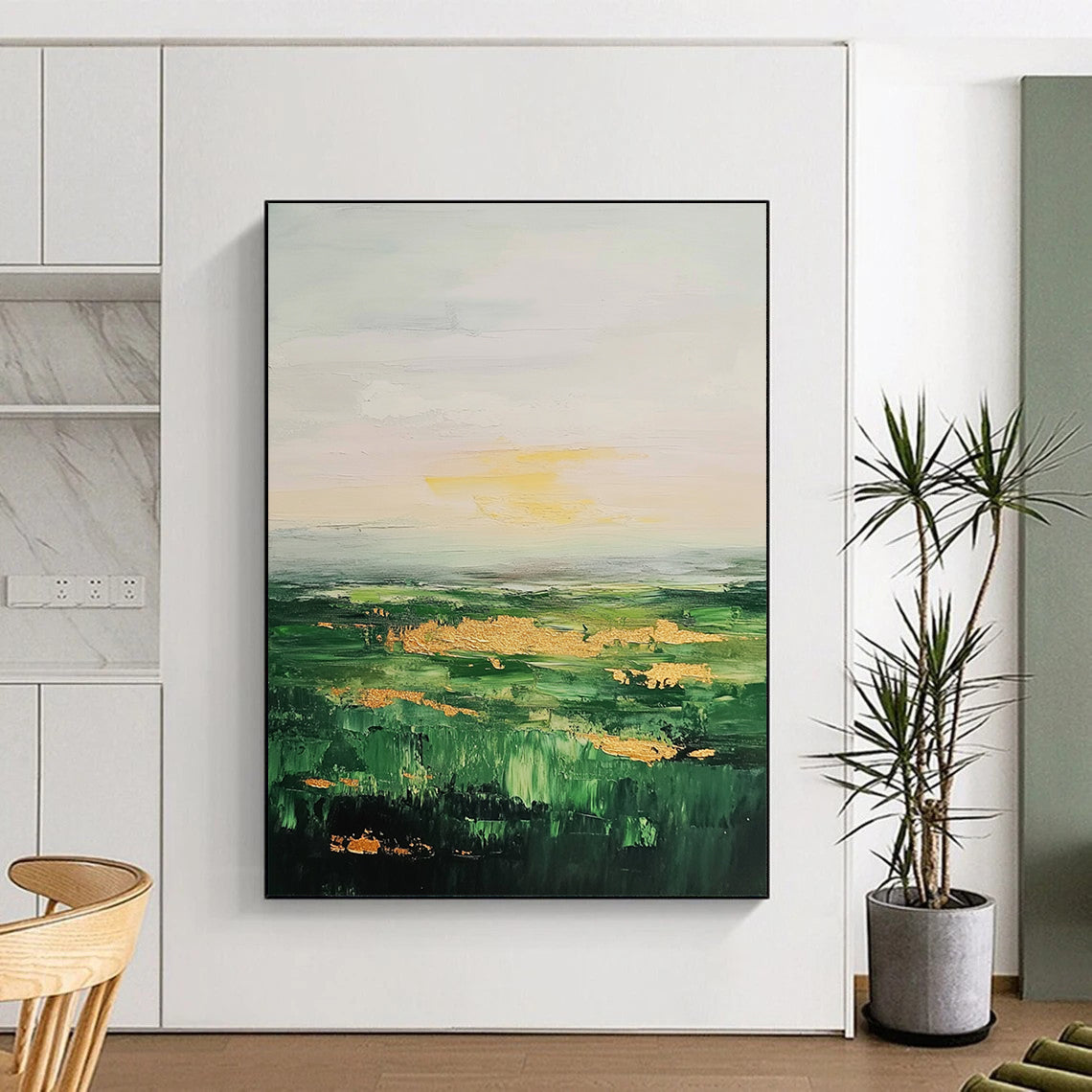 Large Contemporary Wall Art Green, Gold, and Gray Abstract Landscape Painting DPS436