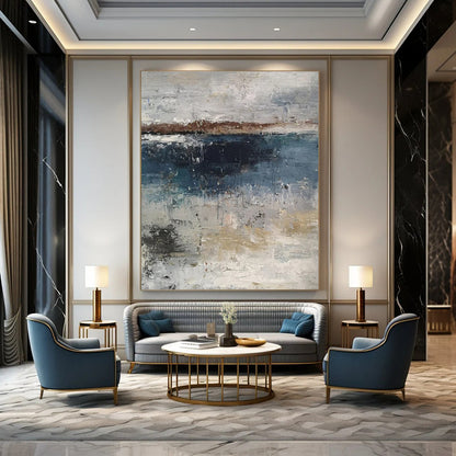Large Painting In Living Room Gray, Blue & Beige Abstract Waterfront, Modern Art Acrylic DPS500