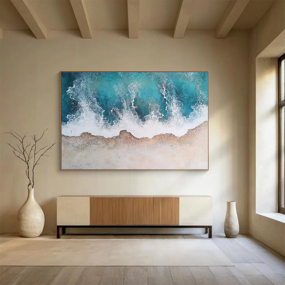 Unique Abstract Art Teal, White & Beige Textured Coastal Abstract Painting HPS290