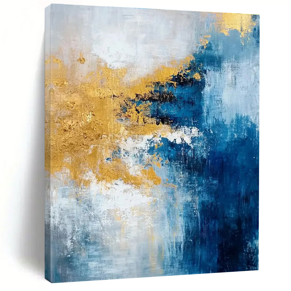 48x60 Blue, White, and Gold Abstract Art with Textural Layers PT226