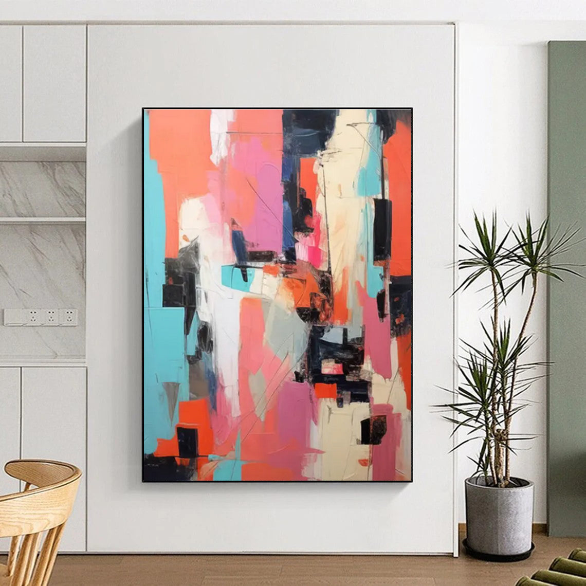 Hand-Painted Vibrant Coral, Pink, Teal, and Black Abstract Geometric Shapes Art PT231