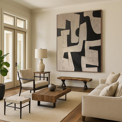 Large Contemporary Wall Art in Black and White Geometric Textures, Handmade Art PT316