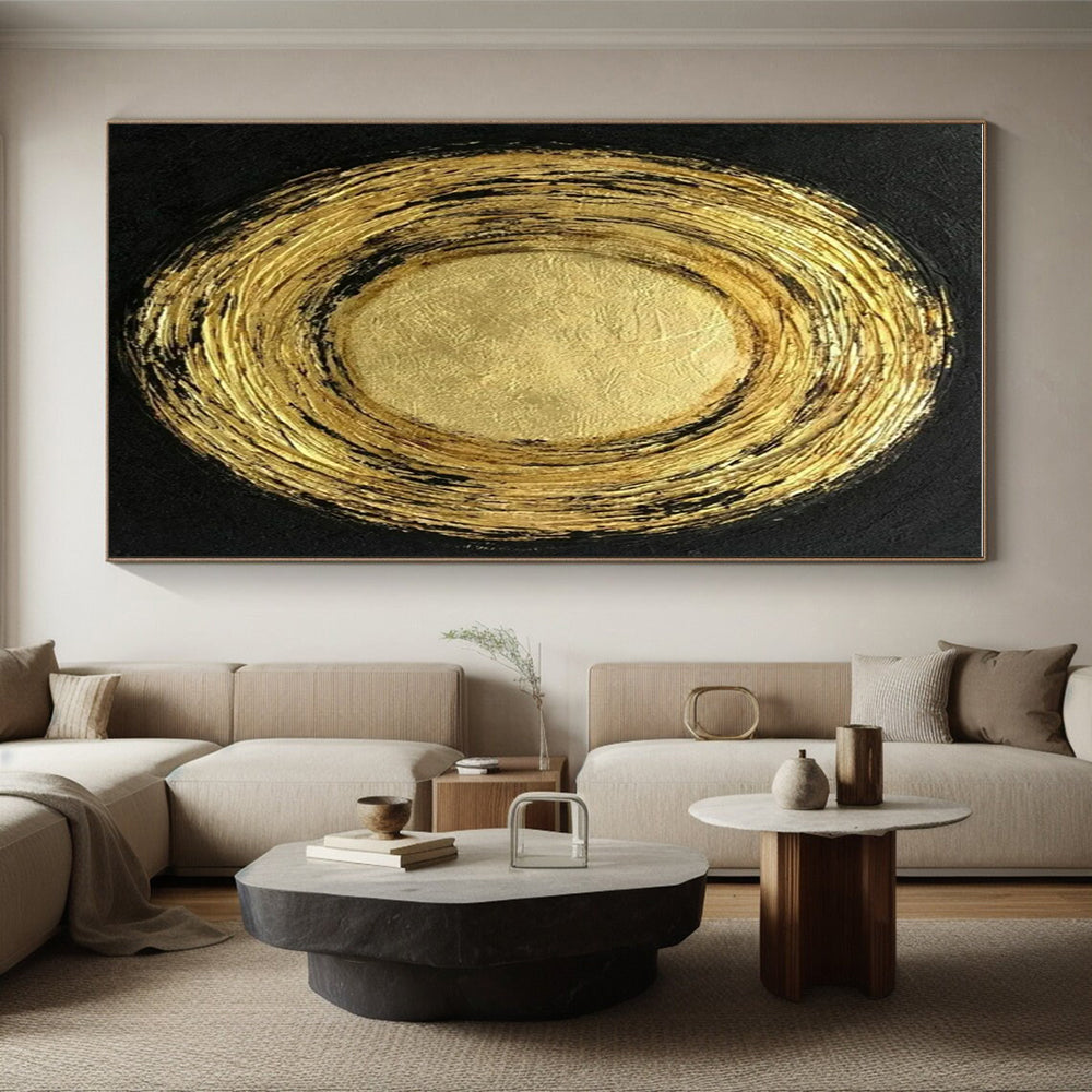 Oversized Abstract Wall Art Gold and Black Textured Circular Abstract Art PT805