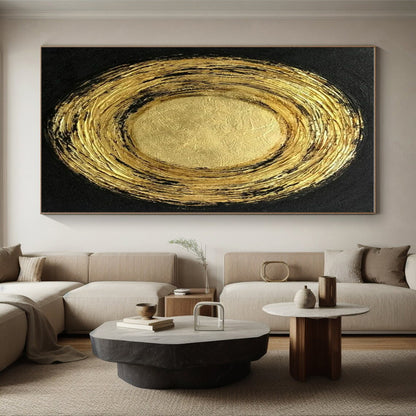 Oversized Abstract Wall Art Gold and Black Textured Circular Abstract Art PT805