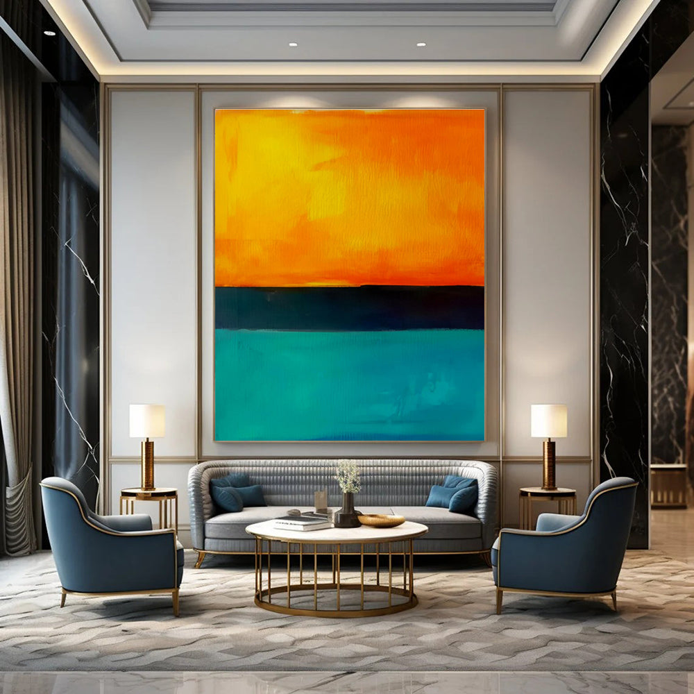 Oversized Abstract Orange, Black & Teal Sunset Scene, Cool Abstract Paintings DPS498