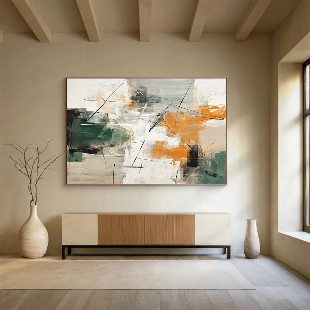 Acrylic Modern Art Paintings Green, Orange & White Abstract Dynamic Art HPS213
