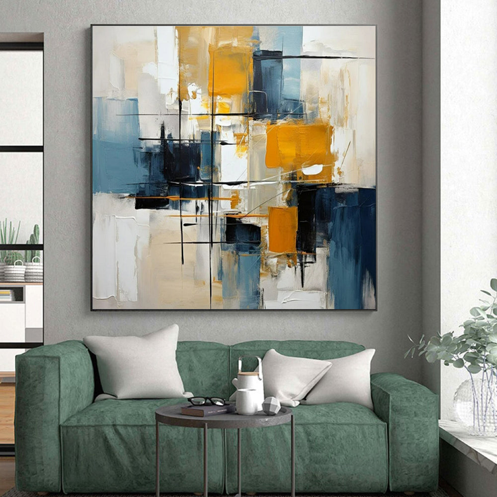 Hand Painting Blue, Yellow, and White Geometric Abstract Art PT782