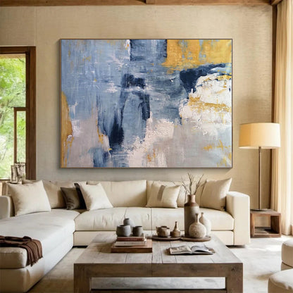 Modern Art Acrylic in Blue, Grey, Yellow, and White Abstract Textural Layers PT248