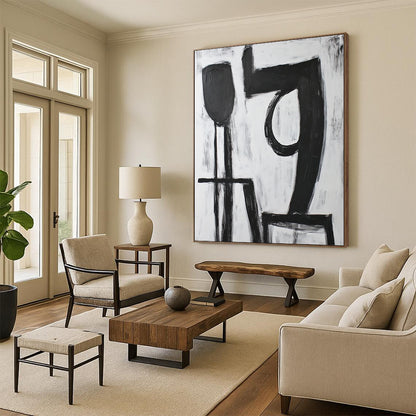 Affordable Large Abstract Wall Art With Black, White Geometric Shapes On Canvas PT194