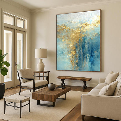 Large Size Blue and Gold Abstract Art with Flowing Textures PT227