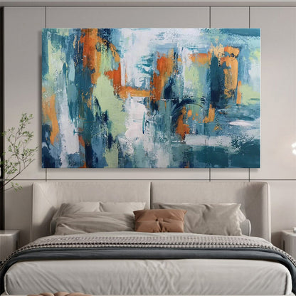 Modern Art Acrylic Teal, Orange & Green Urban Abstract Painting On Canvas HPS079