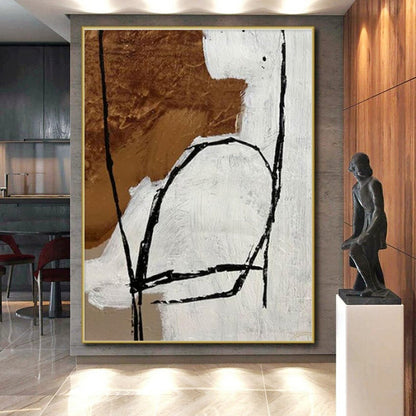 Handmade Art Black, White, and Brown Linear Abstract Art PT687