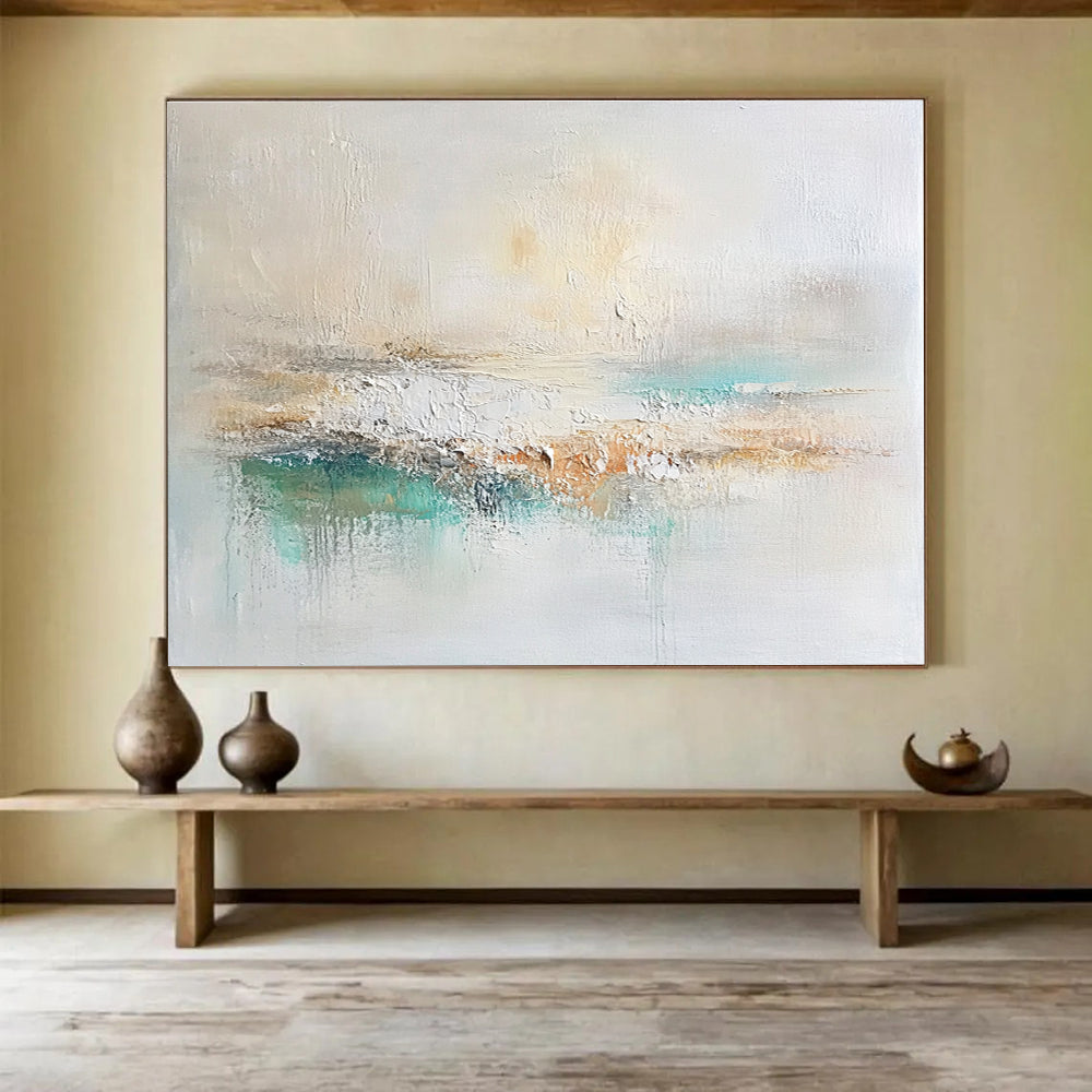 Handmade Art Beige, Teal, White & Orange Textured Abstract Painting HPS280